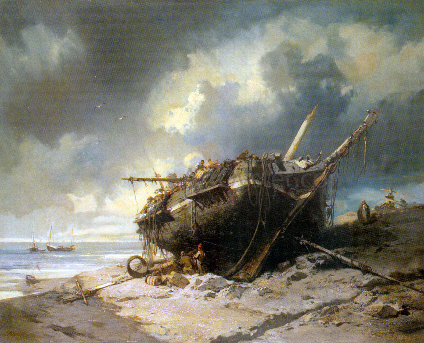 Charles Hoguet Dismantling a Beached Shipwreck - Hand Painted Oil Painting