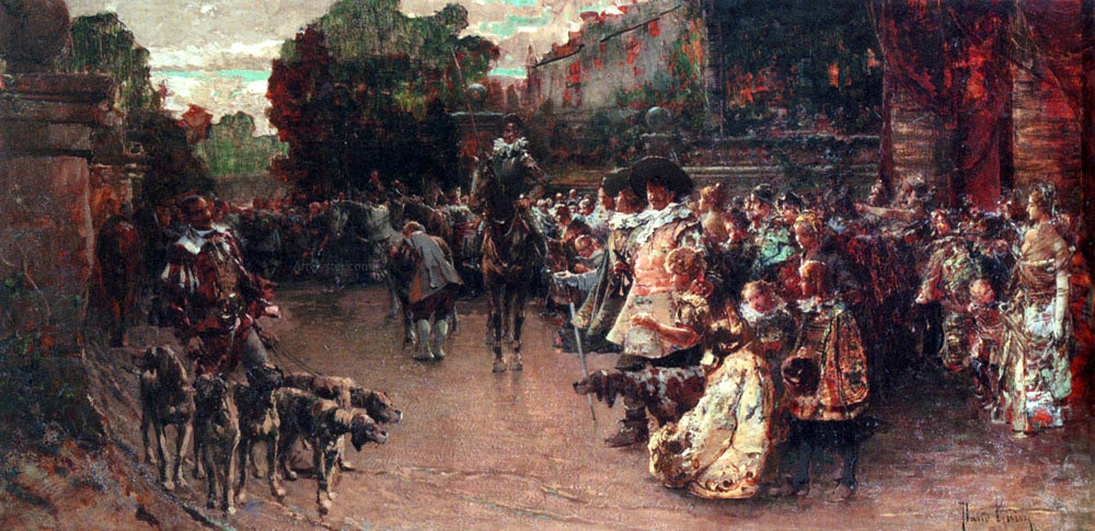 David Eugene Girin Don Quichote Amidst An Elegant Company On A Terrace - Hand Painted Oil Painting