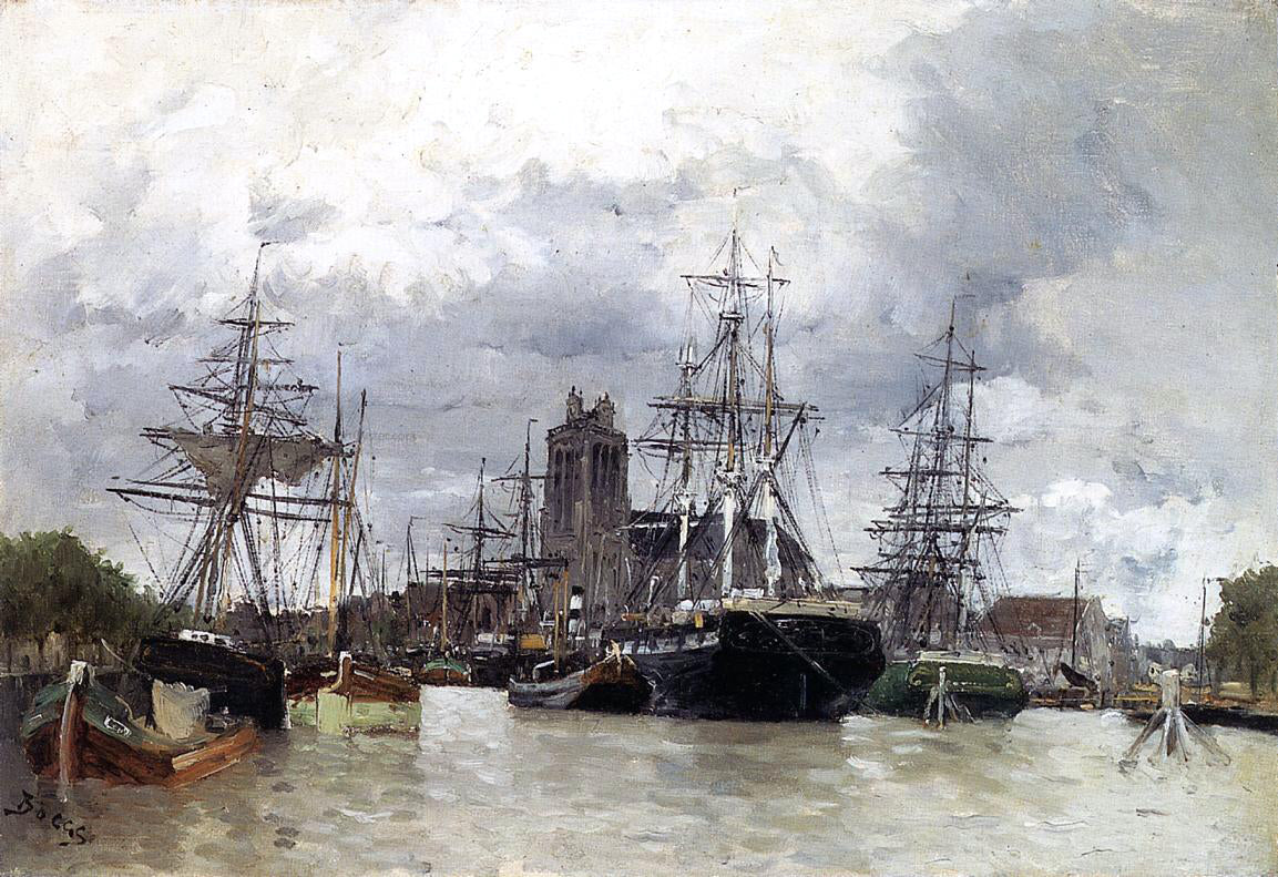 Frank Myers Boggs Dordrecht Harbor with Shipping and Cathedral - Hand Painted Oil Painting