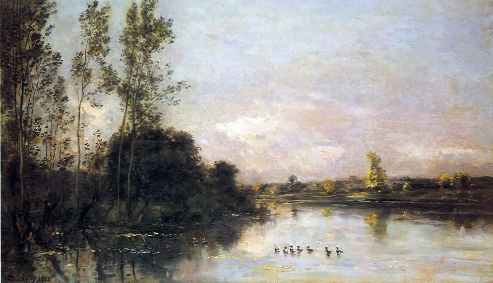Charles Francois Daubigny Ducklings in a River Landscape - Hand Painted Oil Painting