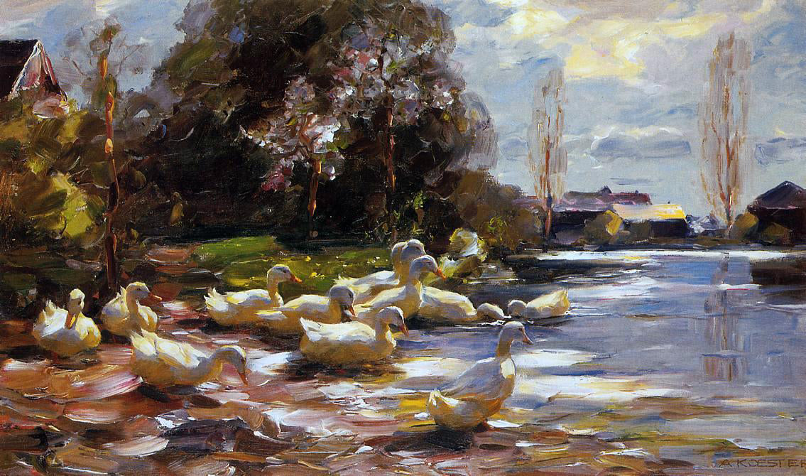 Alexander Koester Ducks on a Riverbank on a Sunny Afternoon - Hand Painted Oil Painting