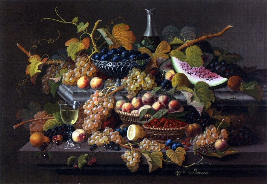 Severin Roesen Elaborate Still Life with Silver Basket of Plums - Hand Painted Oil Painting
