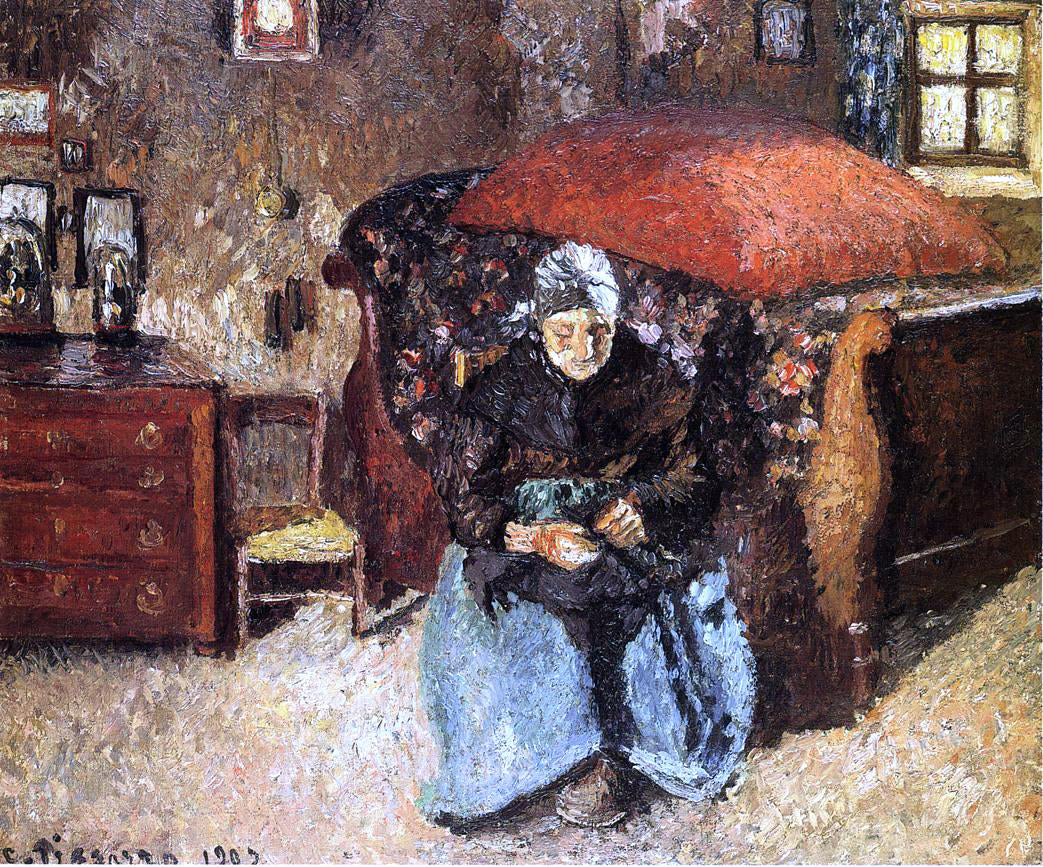 Camille Pissarro Elderly Woman Mending Old Clothes, Moret - Hand Painted Oil Painting