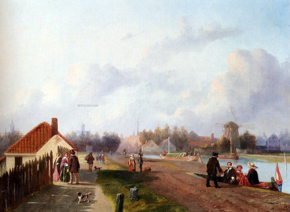  Joseph Bles Elegant Company Leaving A Ferry On The Trekvliet, Voorburg - Hand Painted Oil Painting