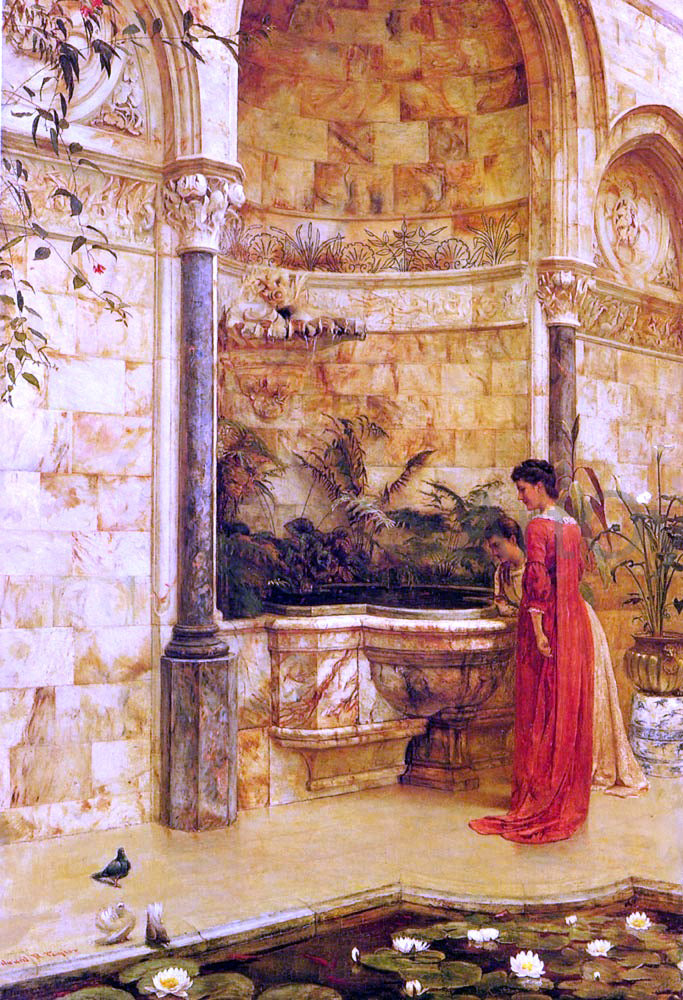Edward R Taylor Elegant Ladies By A Fountain - Hand Painted Oil Painting