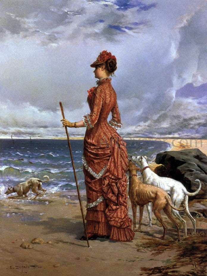 Edmond-Louis Dupain Elegant Lady Walking Her Greyhounds on the Beach - Hand Painted Oil Painting