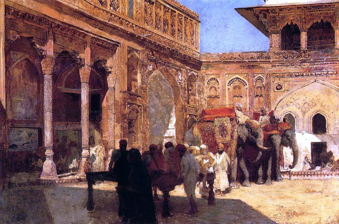 Edwin Lord Weeks Elephants and Figures in a Courtyard, Fort Agra - Hand Painted Oil Painting