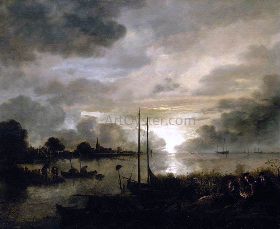 Aert Van der Neer Estuary Landscape by Moonlight - Hand Painted Oil Painting