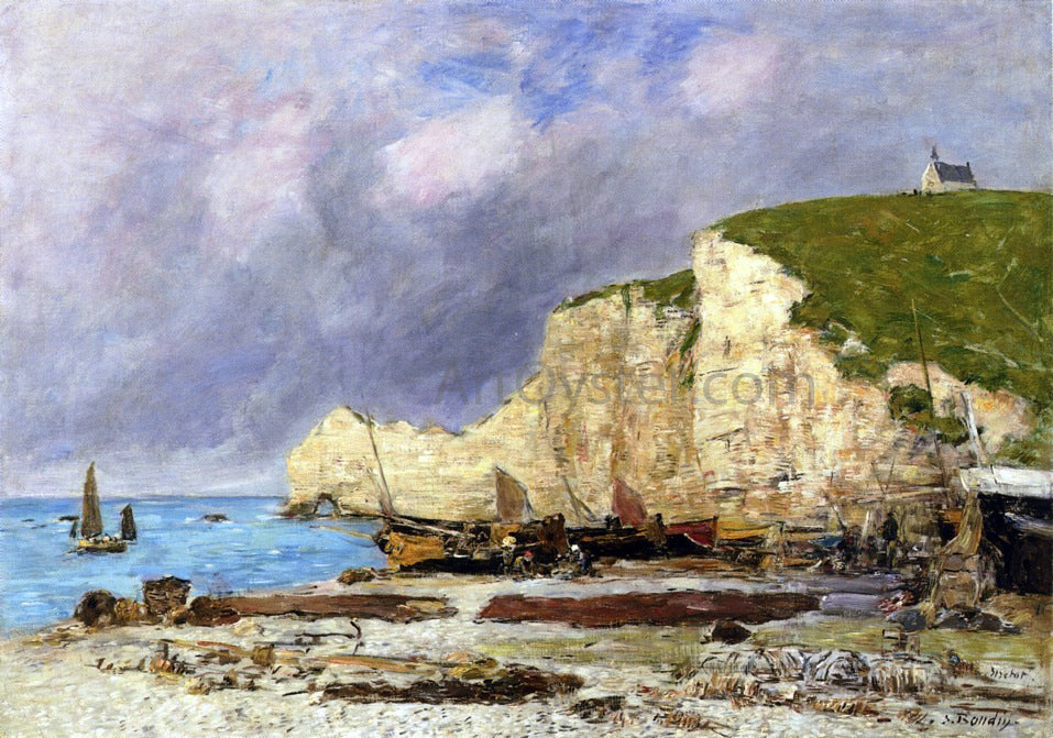 Eugene-Louis Boudin Etretat, Beached Boats and Falaise d'Amont - Hand Painted Oil Painting