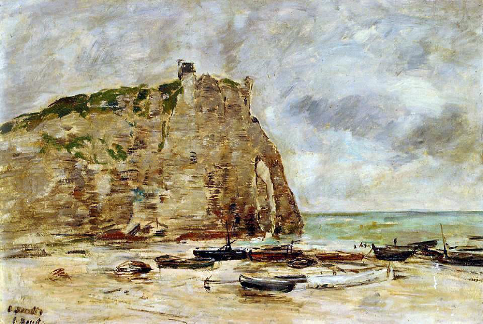 Eugene-Louis Boudin Etretat, Beached Boats and the Cliff of Aval - Hand Painted Oil Painting