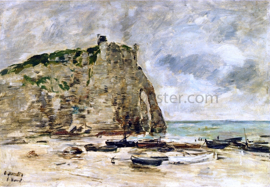 Eugene-Louis Boudin Etretat, Beached Boats and the Falaise d'Aval (study) - Hand Painted Oil Painting