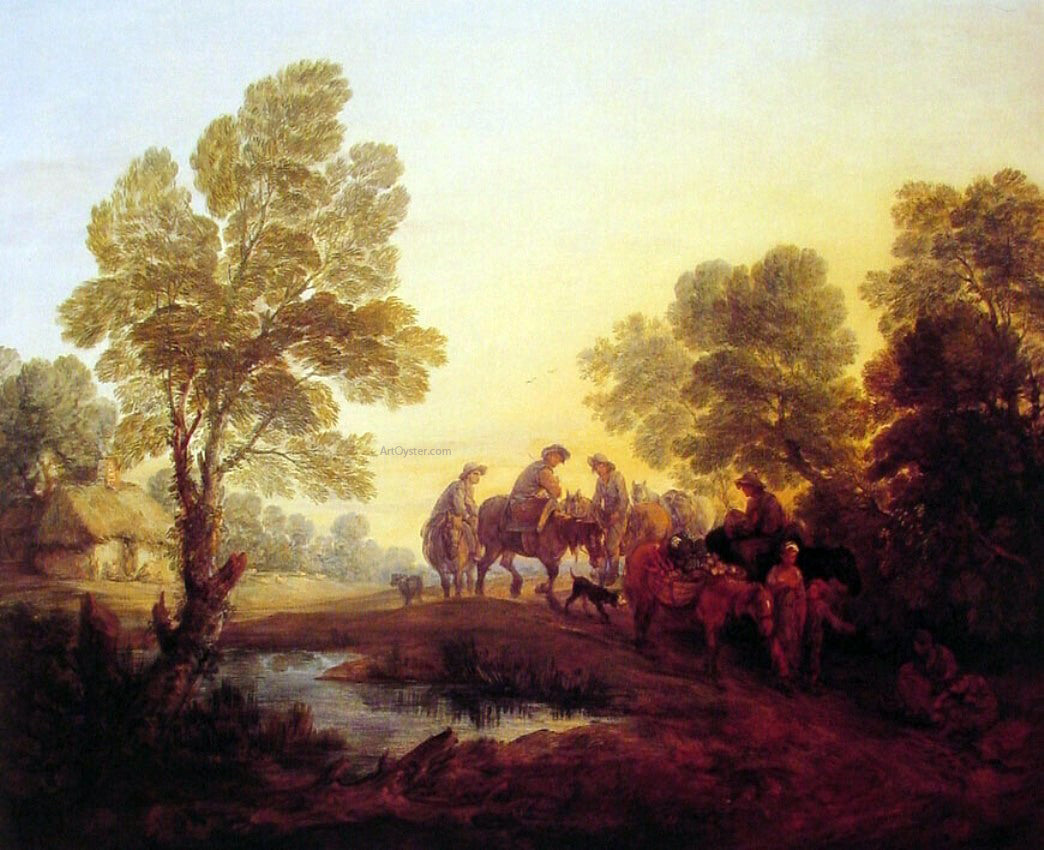 Thomas Gainsborough Evening Landscape - Peasants and Mounted Figures - Hand Painted Oil Painting