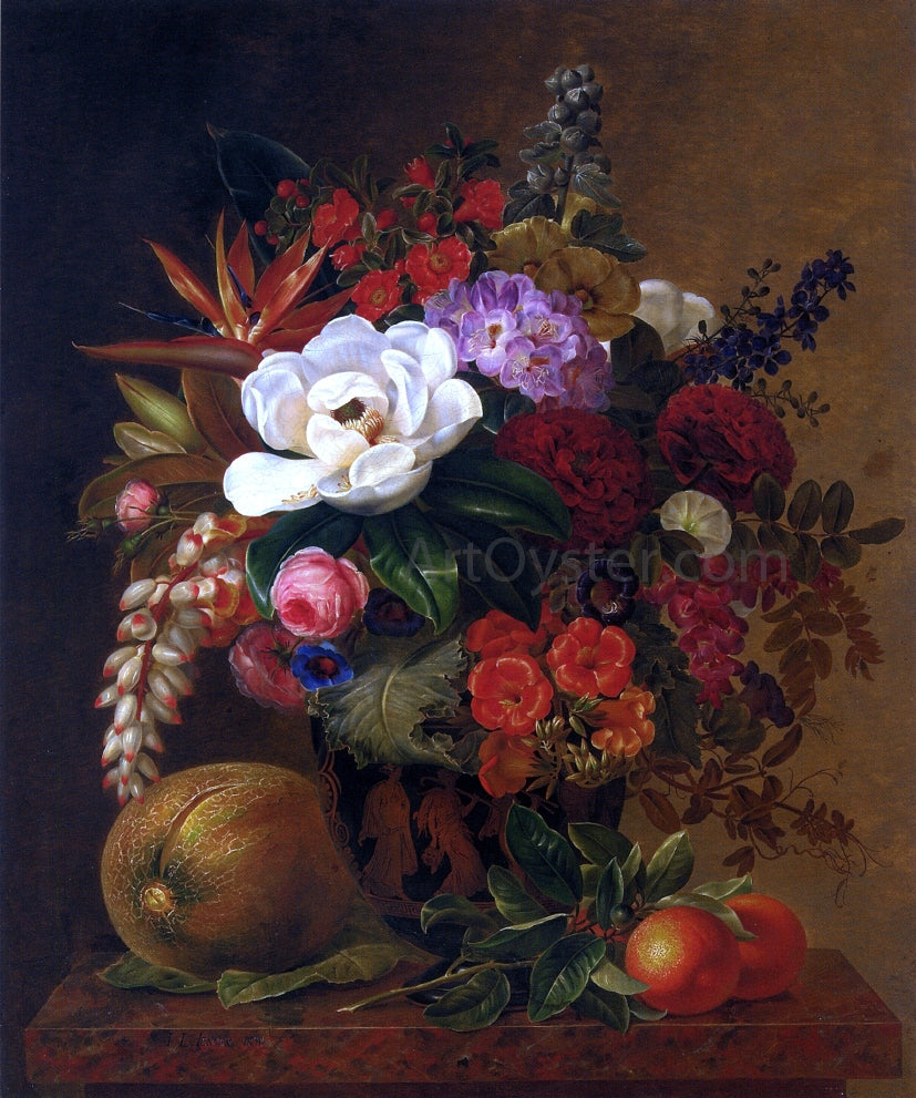 Johan Laurentz Jensen Exotic Blooms in a Grecian Urn with Fruit on a Marble Ledge - Hand Painted Oil Painting