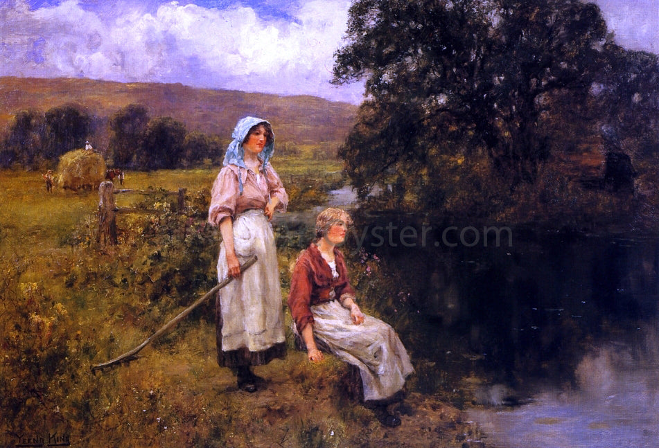 Henry Yeend King Farm Girls by a Stream - Hand Painted Oil Painting