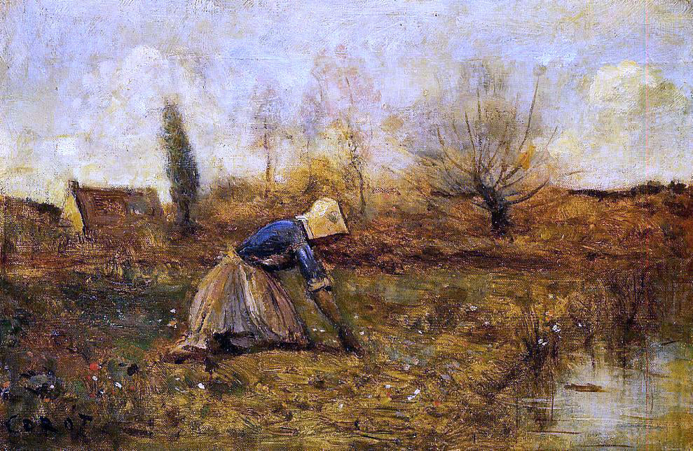 Jean-Baptiste-Camille Corot Farmer Kneeling Picking Dandelions - Hand Painted Oil Painting