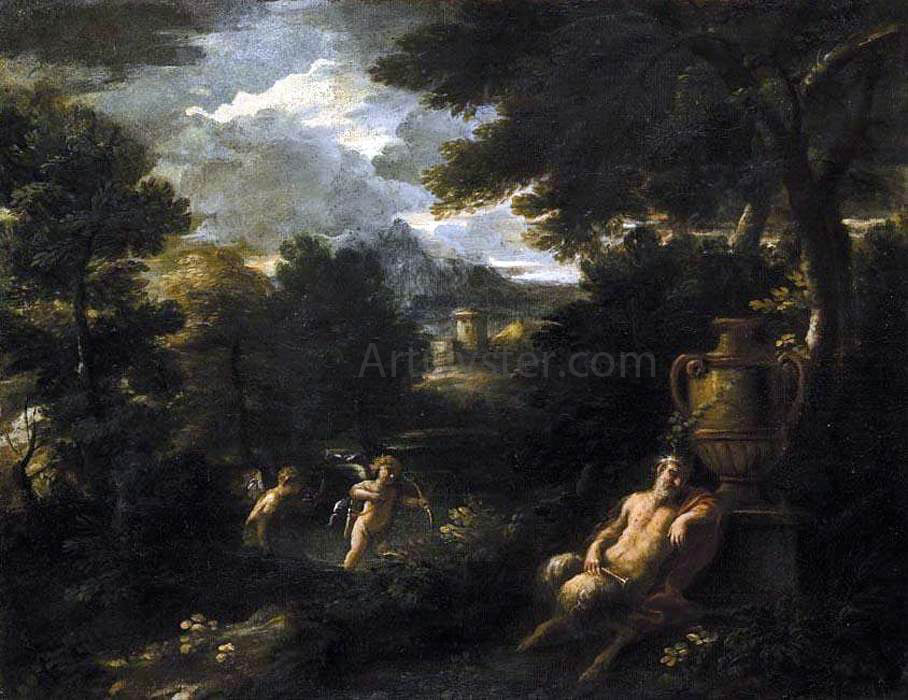 Filippo Lauri Faun and Cupid in a Landscape - Hand Painted Oil Painting
