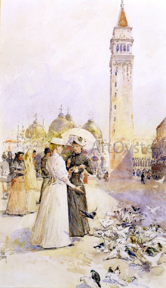 Frederick Childe Hassam Feeding Pigeons in the Piazza - Hand Painted Oil Painting