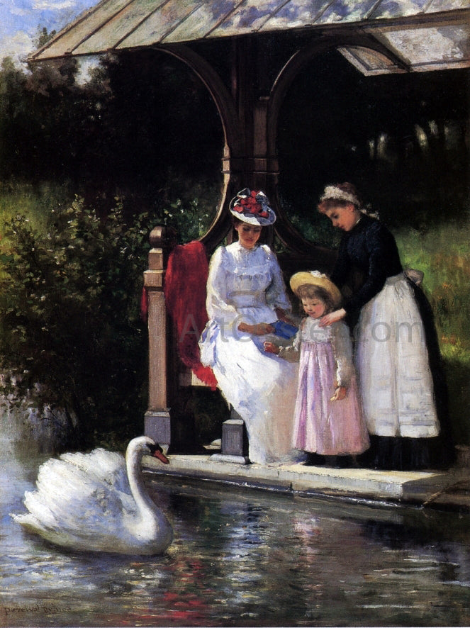 Percival DeLuce Feeding Swans, Central Park - Hand Painted Oil Painting