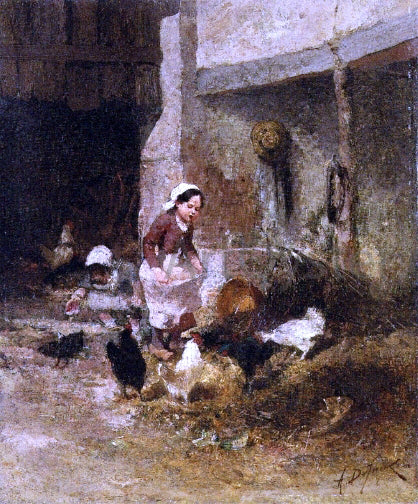 Alexandre Defaux Feeding the Chickens - Hand Painted Oil Painting