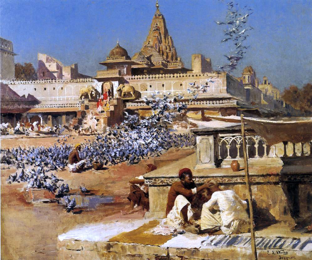 Edwin Lord Weeks Feeding the Sacred Pigeons, Jaipur - Hand Painted Oil Painting