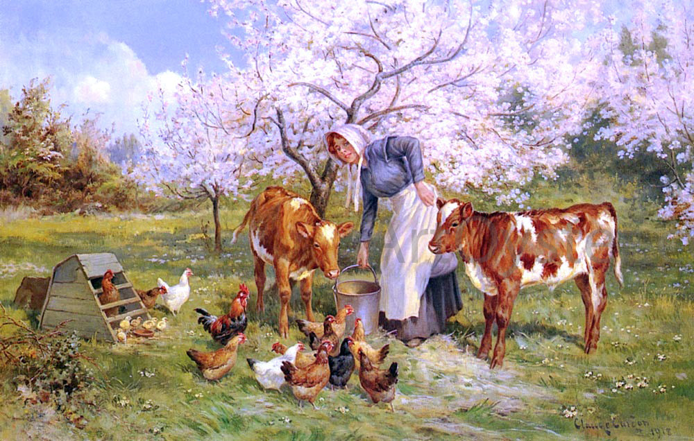 Claude Cardon Feeding Time In The Orchard - Hand Painted Oil Painting