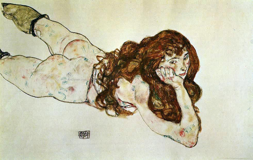 Egon Schiele Female Nude Lying on Her Stomach - Hand Painted Oil Painting