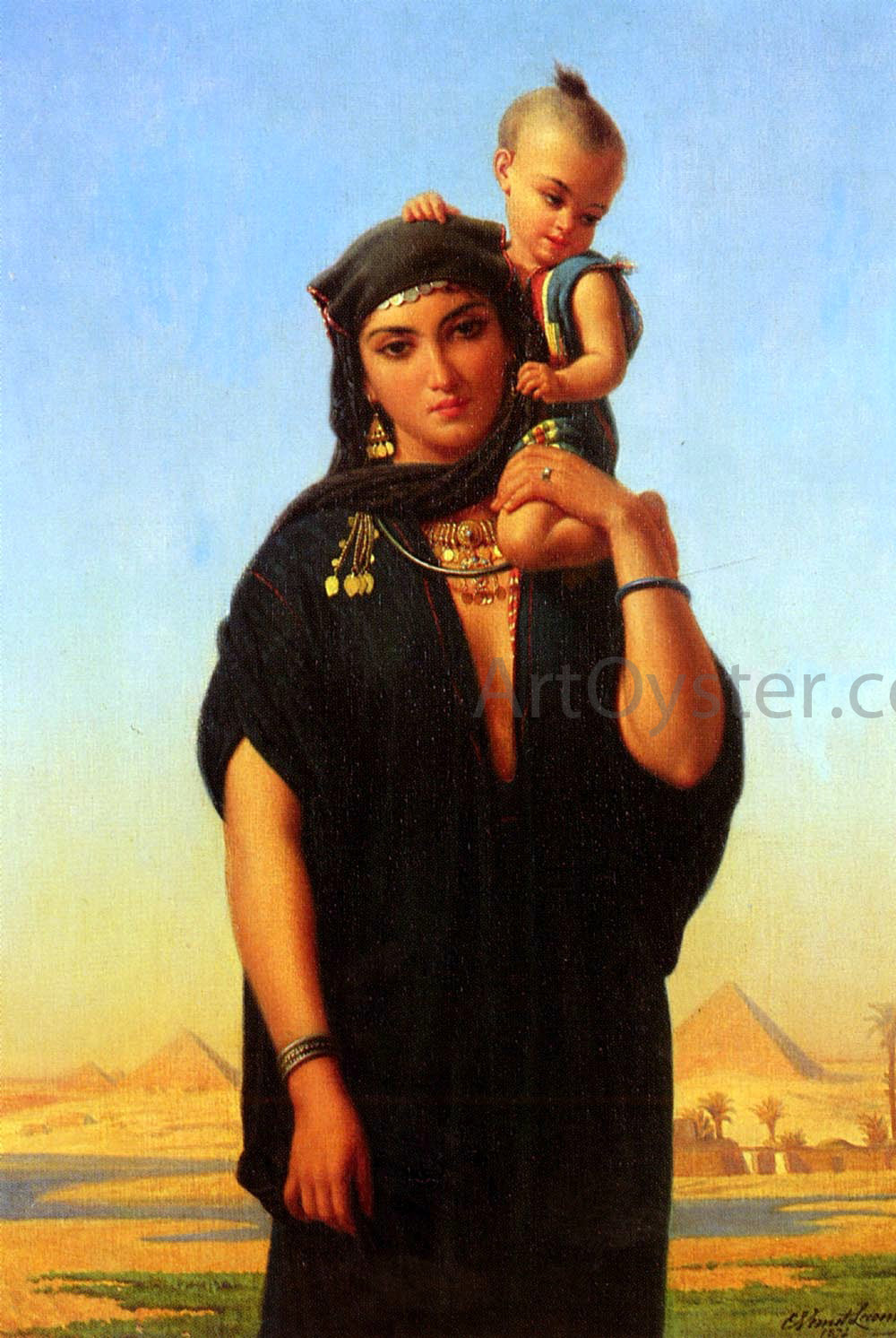 Charles Emile Hippolyte Lecomte-Vernet Femme Fellah Portant Son Enfant (Egypte) - Hand Painted Oil Painting