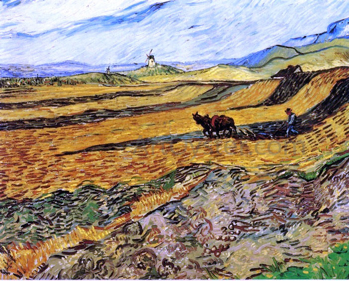 Vincent Van Gogh A Field and Ploughman and Mill - Hand Painted Oil Painting