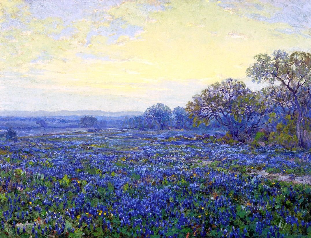 Julian Onderdonk Field of Bluebonnets under Cloudy Sky - Hand Painted Oil Painting