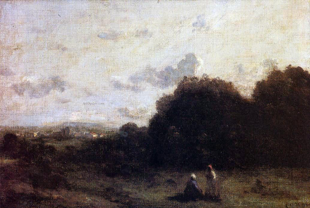 Jean-Baptiste-Camille Corot Fields with a Village on the Horizon, Two Figures in the Foreground - Hand Painted Oil Painting