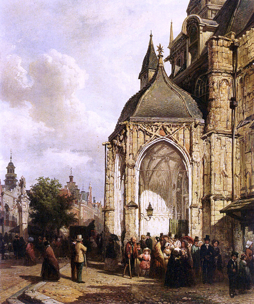 Elias Pieter Van Bommel Figures At The Entrance Of The St. Stevens Church, Nijmegen - Hand Painted Oil Painting