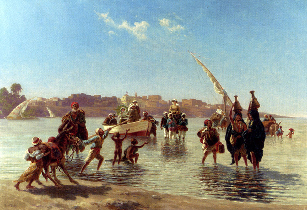 Paul Rudolf Linke Figures Coming Ashore Near Luxor, Upper Egypt - Hand Painted Oil Painting