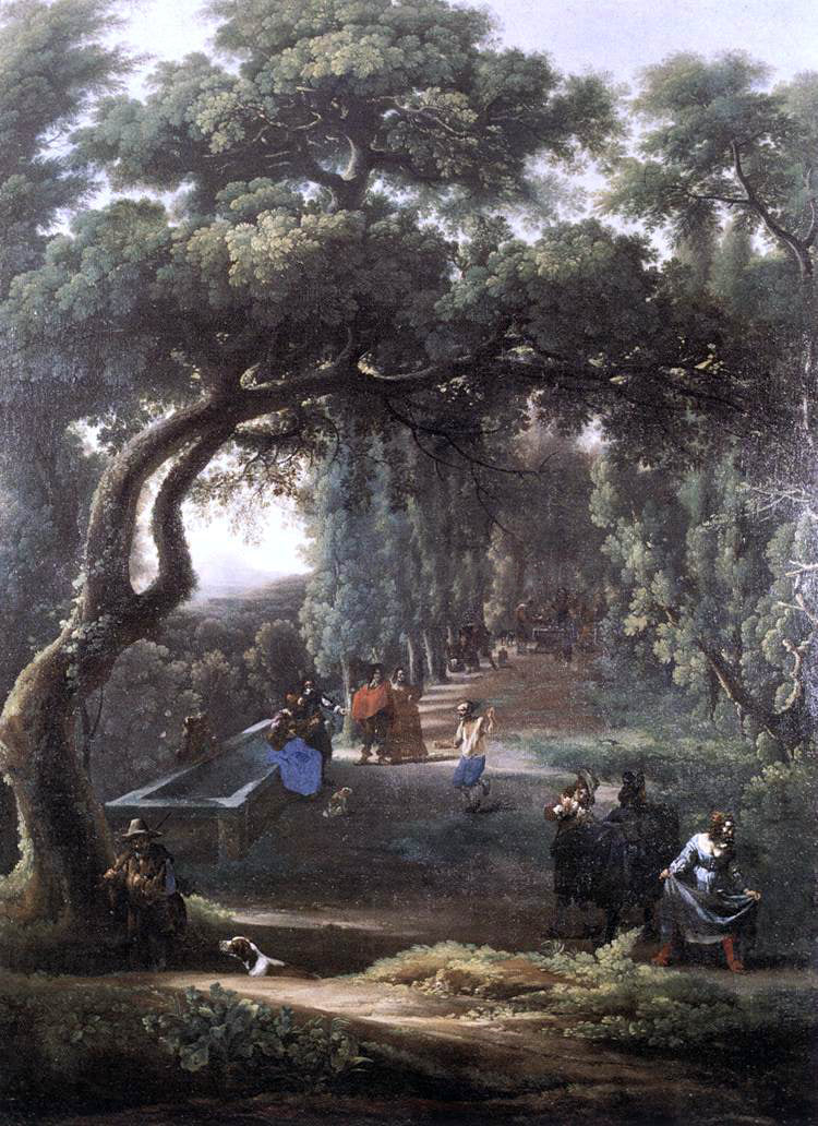 Michelangelo Cerquozzi Figures in a Tree-lined Avenue - Hand Painted Oil Painting