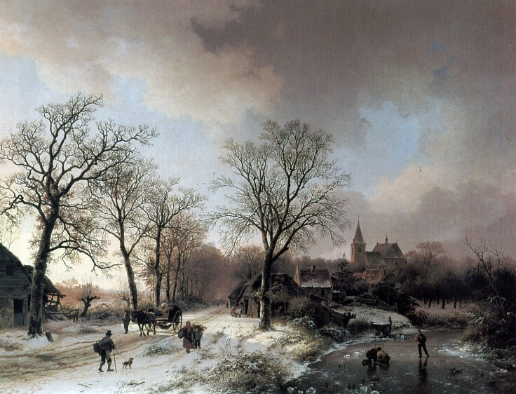 Barend Cornelis Koekkoek Figures in a Winter Landscape - Hand Painted Oil Painting