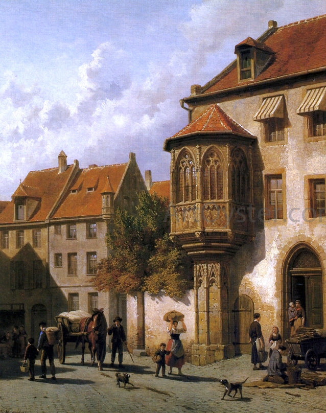 Jacques Francois Carabain Figures in the Street of a Dutch Town - Hand Painted Oil Painting