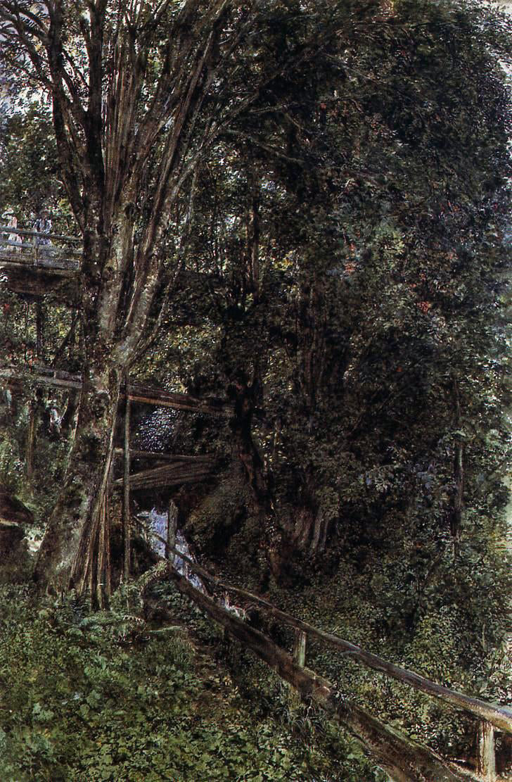 Rudolf Von Alt Figures on a Bridge over a Stream at Gastein - Hand Painted Oil Painting