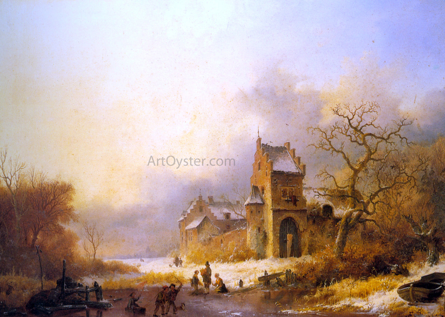 Frederk M Kruseman Figures on a Frozen River in a Winter Landscape - Hand Painted Oil Painting
