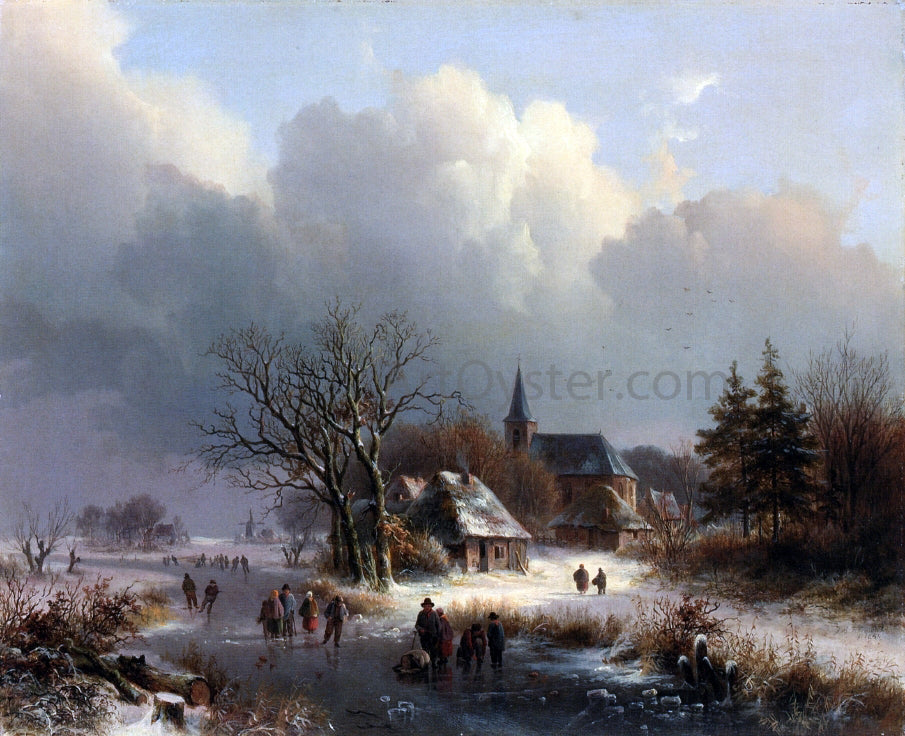  Johann Bernard Klombeck Figures on a Frozen River in Winter - Hand Painted Oil Painting