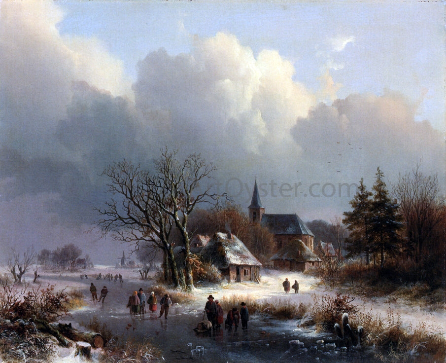 Johann Bernard Klombeck Figures on a Frozen River in Winter - Hand Painted Oil Painting