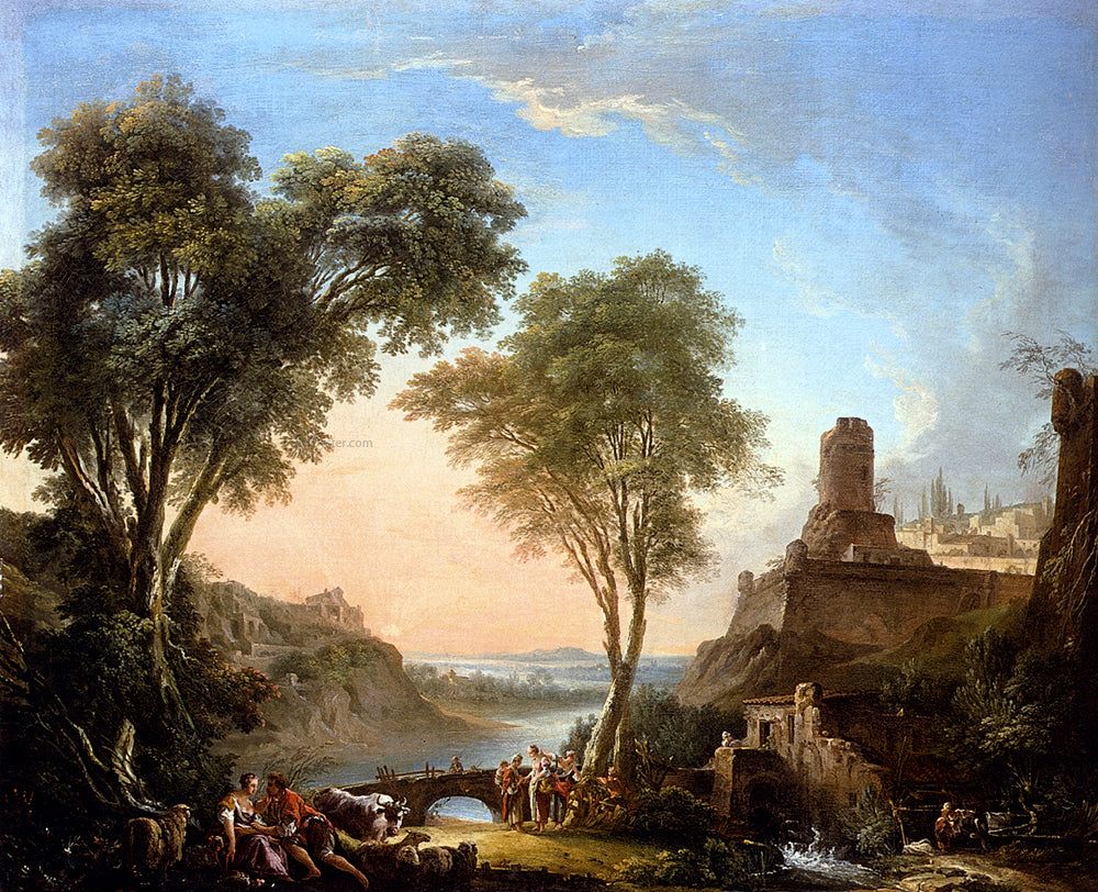 Nicolas-Jacques Juliard Figures Resting On The Banks Of A River, A Bridge In The Distance - Hand Painted Oil Painting