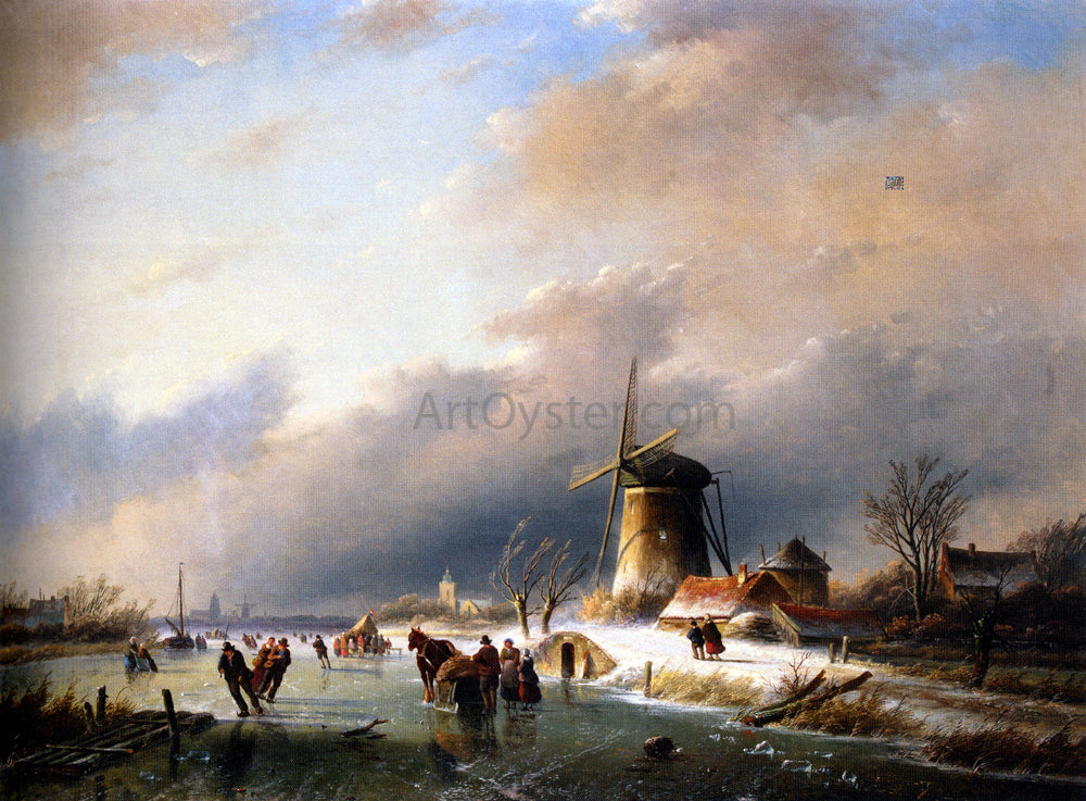  Jan Coenraad Spohler Figures Skating on a Frozen River - Hand Painted Oil Painting
