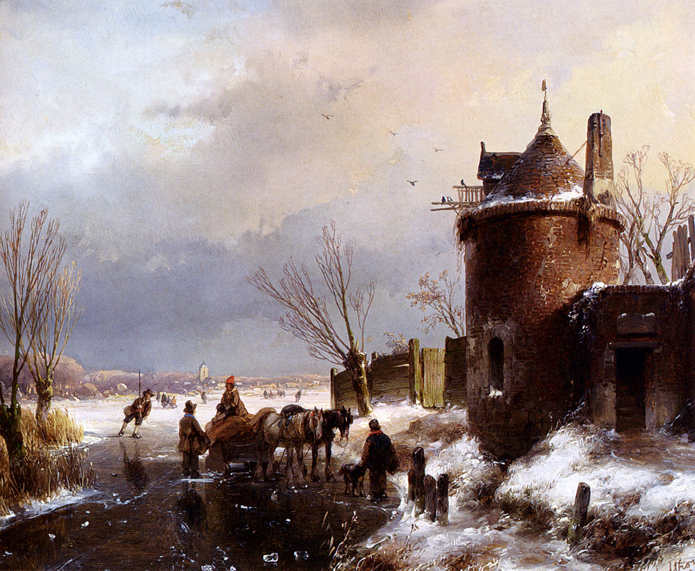 Andreas Schelfhout Figures With A Horse Sledge On The Ice, A Town In The Distance - Hand Painted Oil Painting
