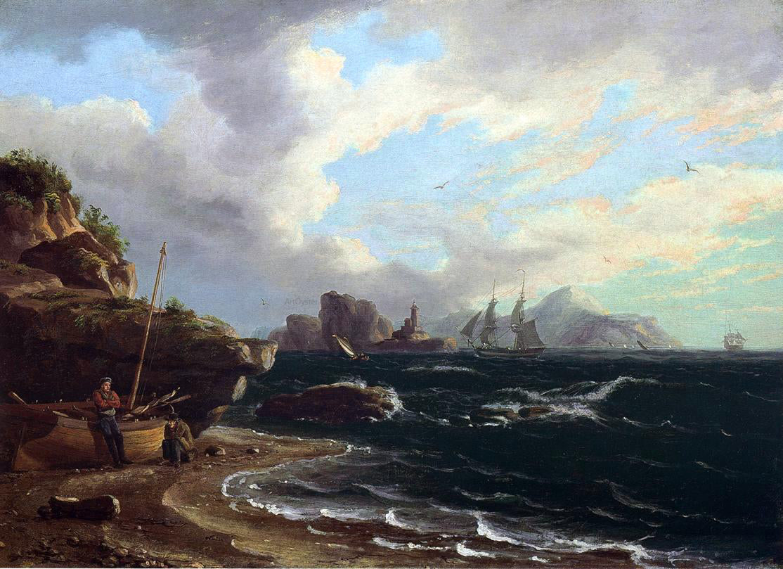 Thomas Birch Figures with Docked Boat at Shoreline - Hand Painted Oil Painting