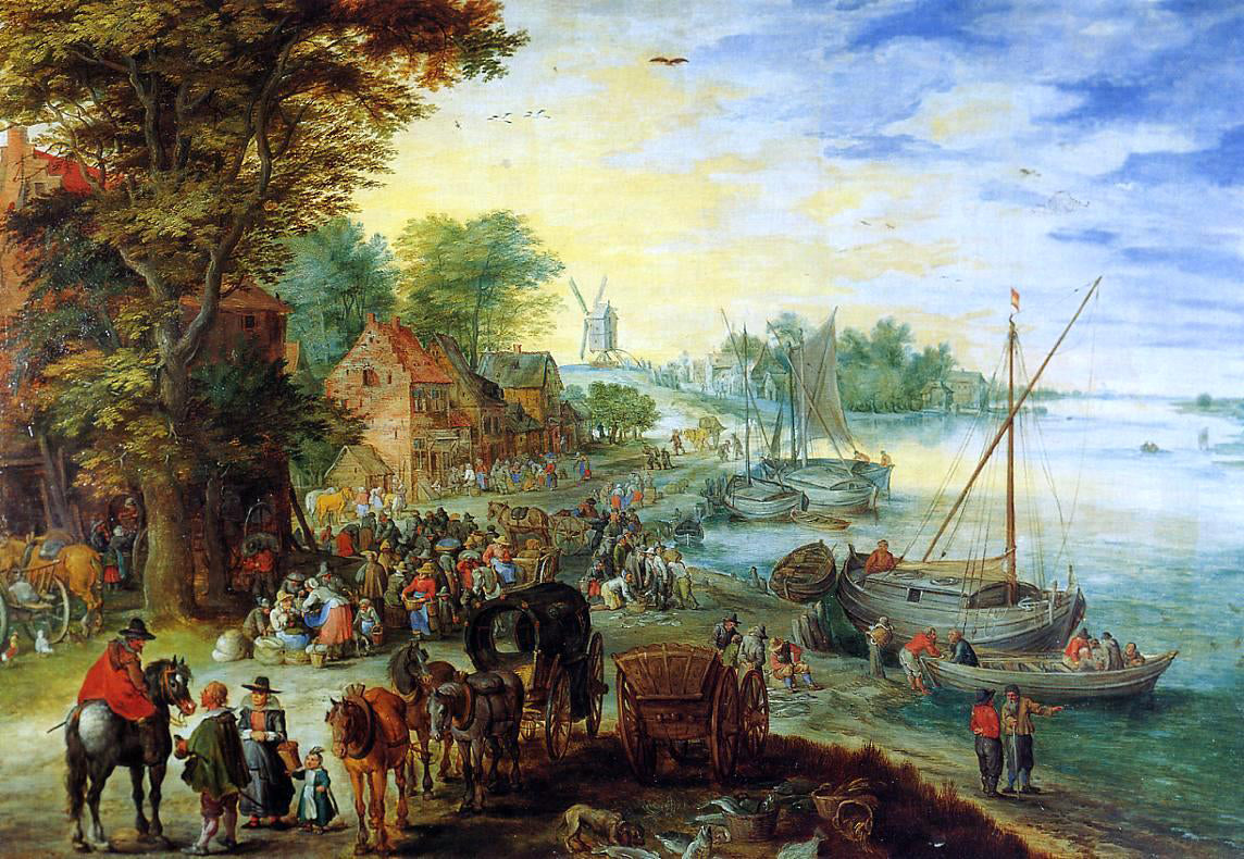  The Elder Jan Bruegel Fish Market on the Banks of the River - Hand Painted Oil Painting