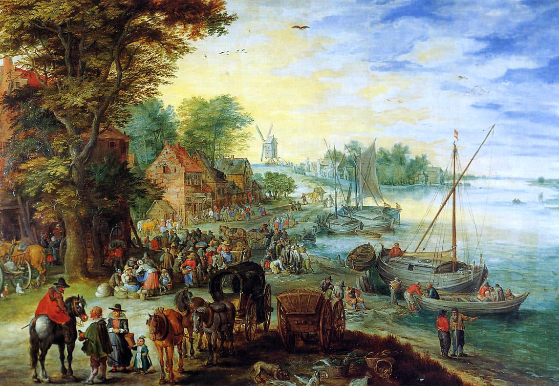 The Elder Jan Bruegel Fish Market on the Banks of the River - Hand Painted Oil Painting