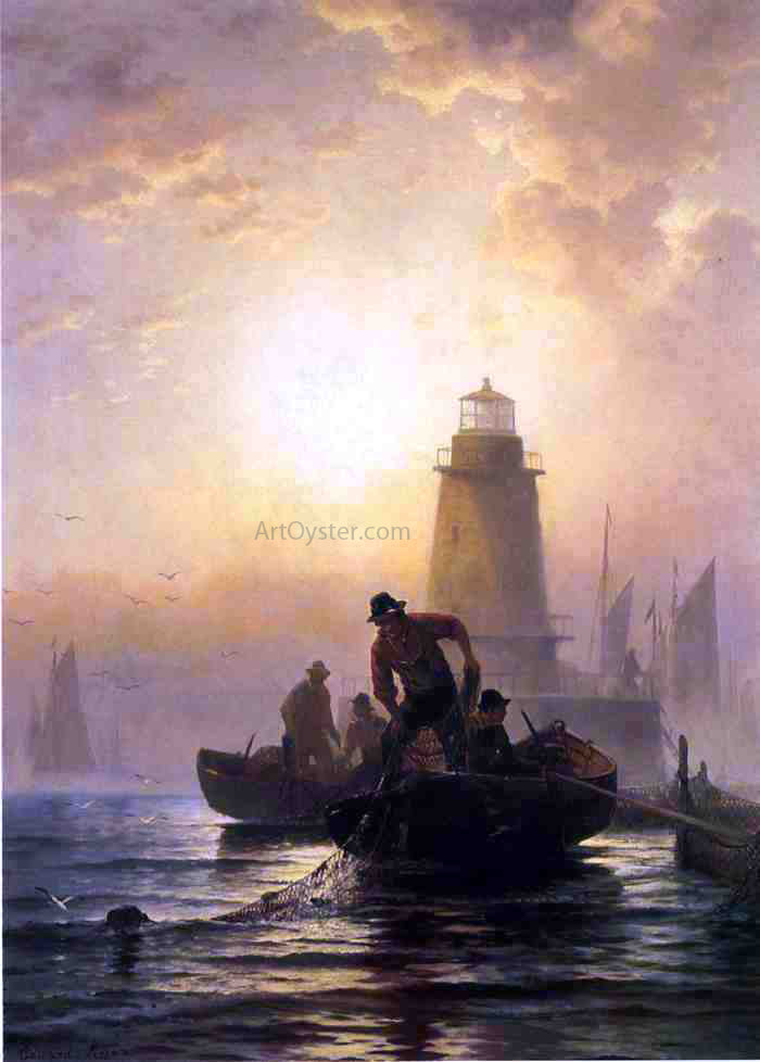 Edward Moran At Fish Pond, Orient Bay, Long Island - Hand Painted Oil Painting