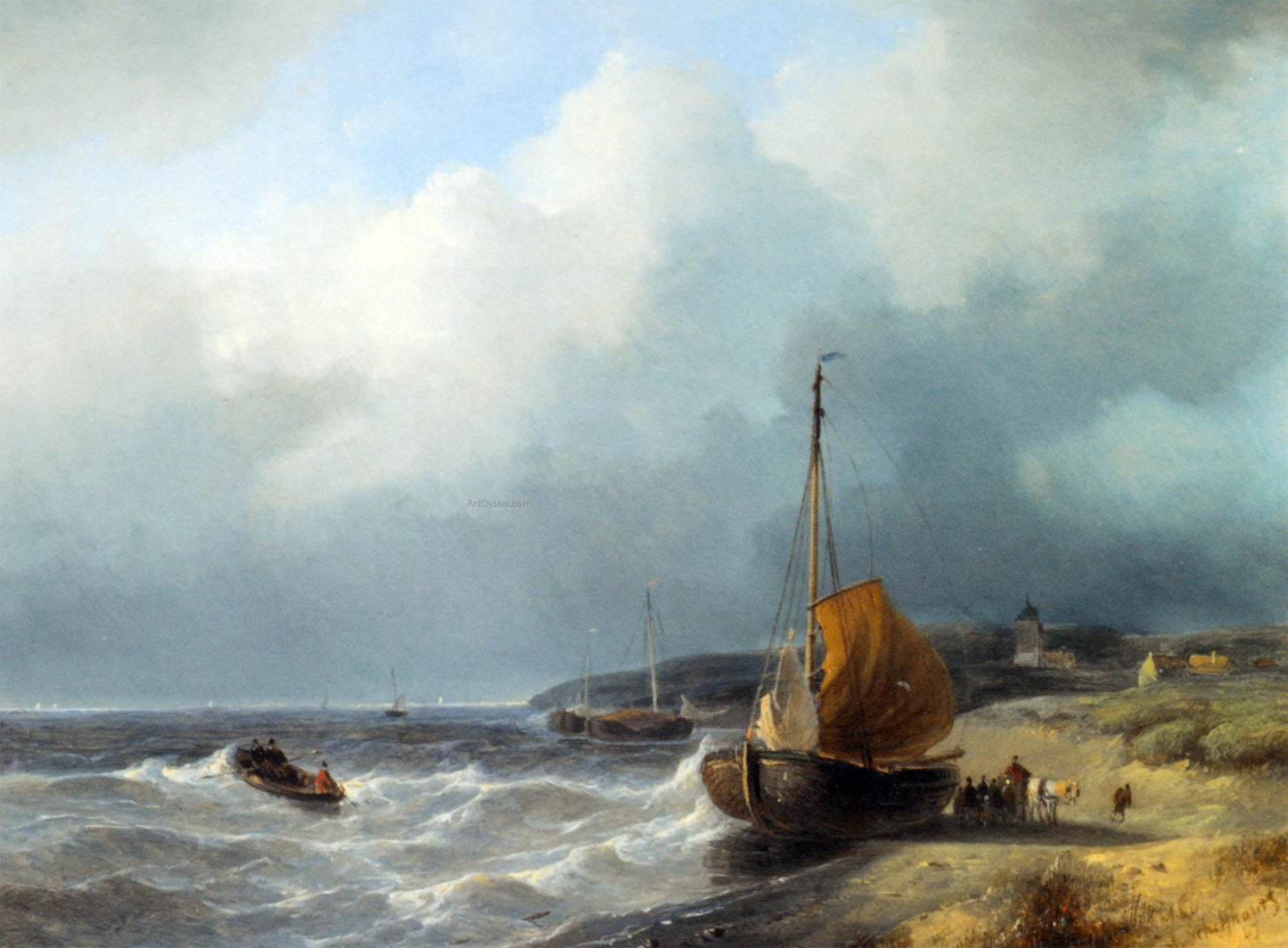 Andreas Schelfhout Fisherfolk by a Beached Bomschuit - Hand Painted Oil Painting