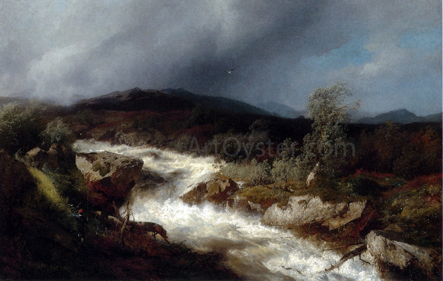 Herman Herzog Fisherman by a Waterfall - Hand Painted Oil Painting