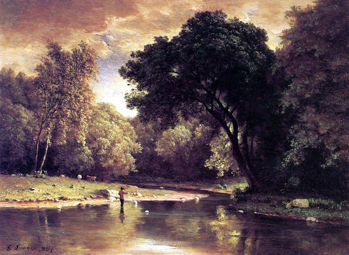 George Inness Fisherman in a Stream - Hand Painted Oil Painting