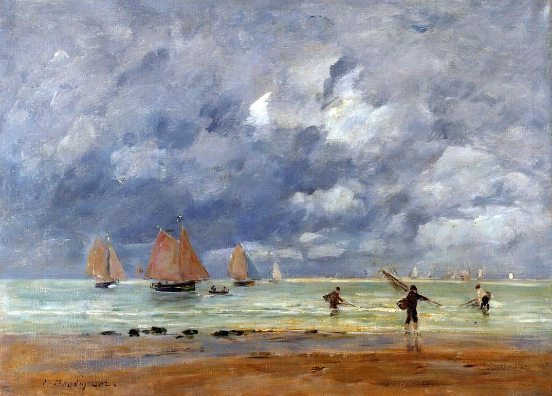 Eugene-Louis Boudin Fishermen and Sailboats near Trouville - Hand Painted Oil Painting